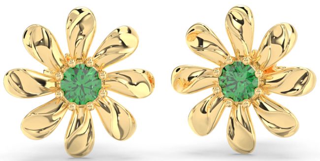Emerald Gold Silver Daisy Flower Stud Earrings