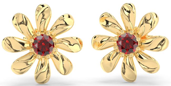 Garnet Gold Daisy Flower Stud Earrings