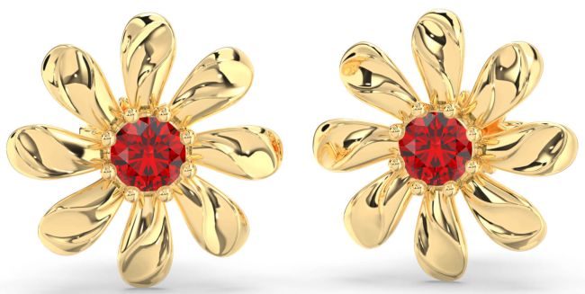 Ruby Gold Silver Daisy Flower Stud Earrings