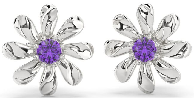 Amethyst Silver Daisy Flower Stud Earrings