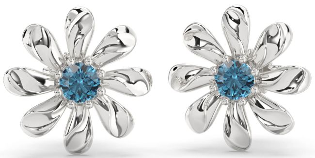 Blue Diamond Silver Daisy Flower Stud Earrings