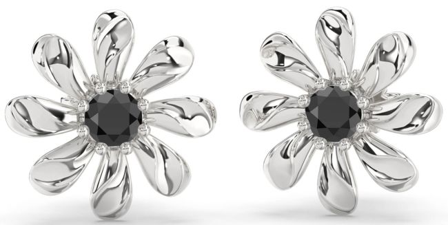 Black Onyx Silver Daisy Flower Stud Earrings