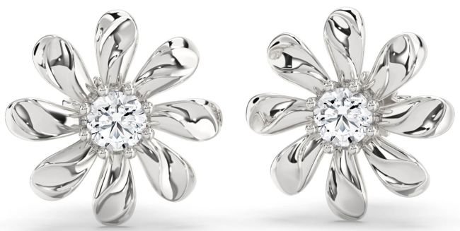 Diamond Platinum Daisy Flower Stud Earrings