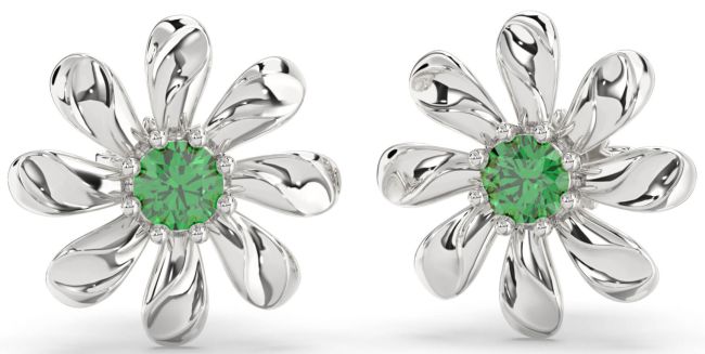 Emerald Platinum Daisy Flower Stud Earrings