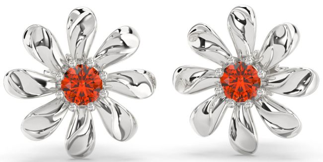 Fire Opal Silver Daisy Flower Stud Earrings