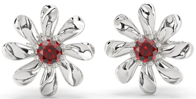 Garnet Silver Daisy Flower Stud Earrings