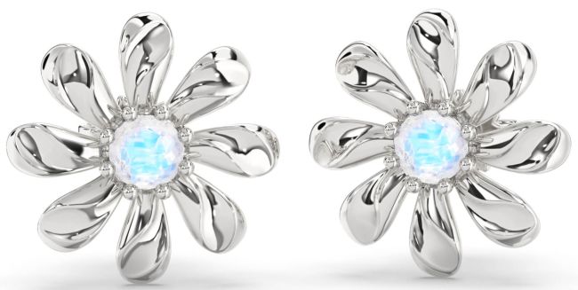 Moonstone Silver Daisy Flower Stud Earrings