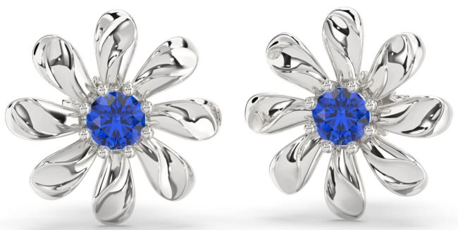 Blue Sapphire Silver Daisy Flower Stud Earrings