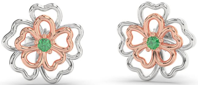 Emerald Platinum & Rose Gold Flower Stud Earrings