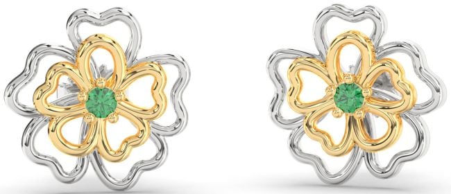 Emerald White Yellow Gold Flower Stud Earrings