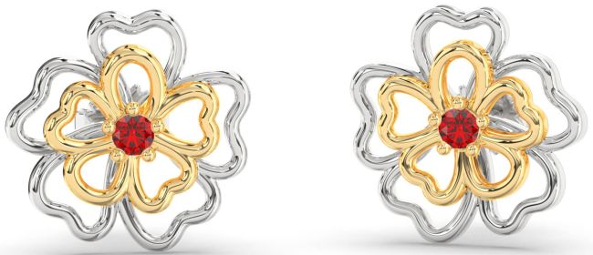 Ruby Platinum & Yellow Gold Flower Stud Earrings