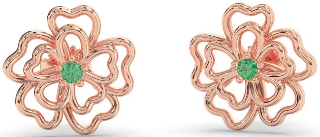 Emerald Rose Gold Silver Flower Stud Earrings