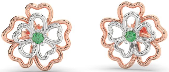 Emerald Rose Gold Silver Flower Stud Earrings
