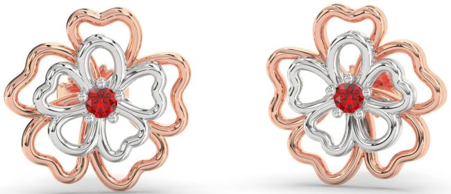 Ruby White Rose Gold Flower Stud Earrings
