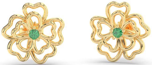 Emerald Gold Flower Stud Earrings