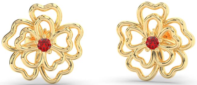 Ruby Gold Flower Stud Earrings