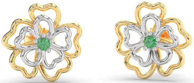 Emerald Gold Silver Flower Stud Earrings