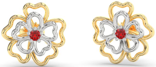 Ruby White Yellow Gold Flower Stud Earrings