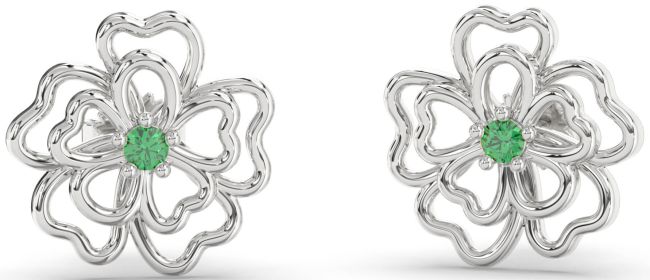 Emerald White Gold Flower Stud Earrings