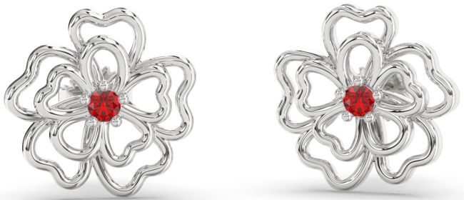 Ruby White Gold Flower Stud Earrings