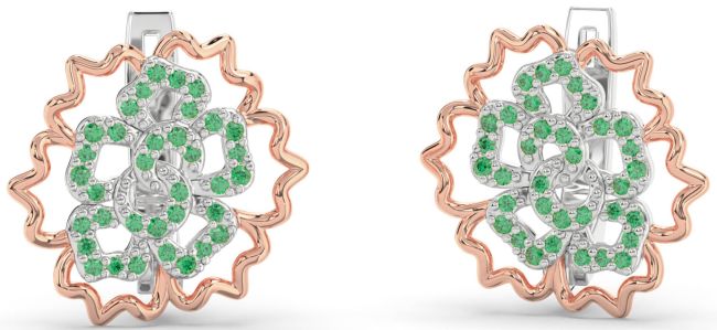 Emerald White Rose Gold Flower Stud Earrings
