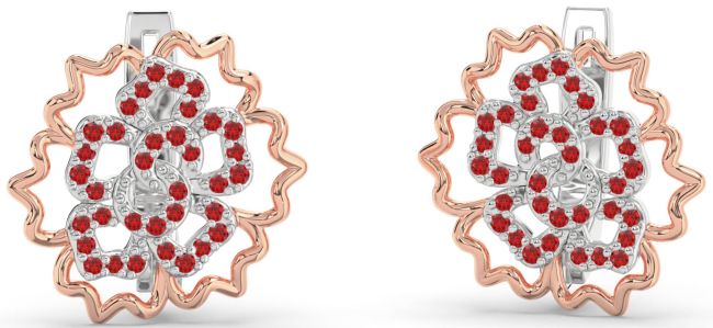 Ruby White Rose Gold Flower Stud Earrings