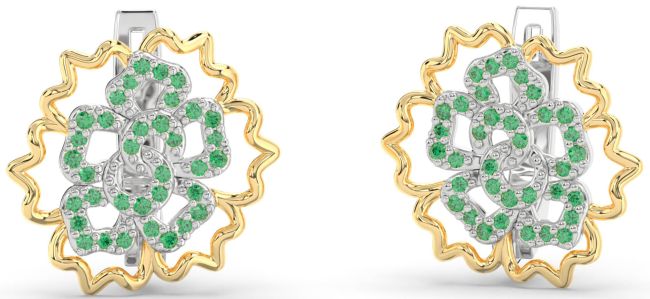 Emerald Platinum & Yellow Gold Flower Stud Earrings