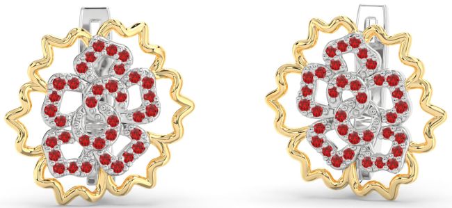 Ruby Platinum & Yellow Gold Flower Stud Earrings