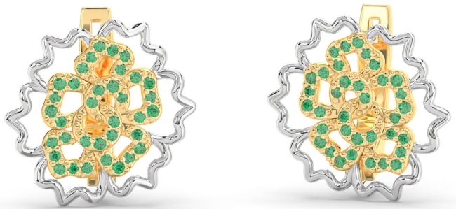 Emerald Gold Silver Flower Stud Earrings
