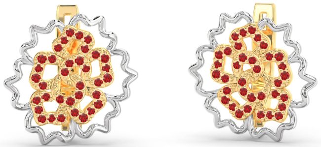 Ruby Platinum & Yellow Gold Flower Stud Earrings