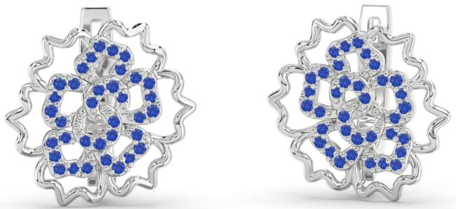 Blue Sapphire Silver Flower Stud Earrings