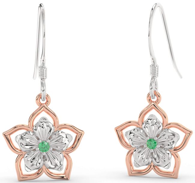 Emerald Platinum & Rose Gold Flower Dangle Earrings