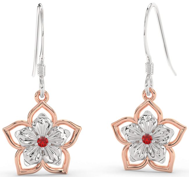 Ruby White Rose Gold Flower Dangle Earrings