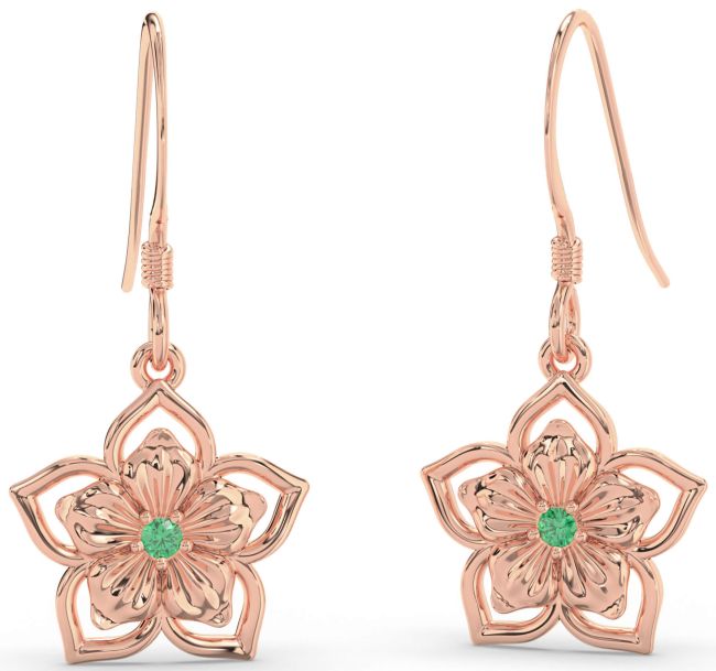Emerald Rose Gold Flower Dangle Earrings