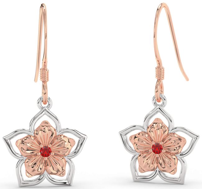 Ruby White Rose Gold Flower Dangle Earrings