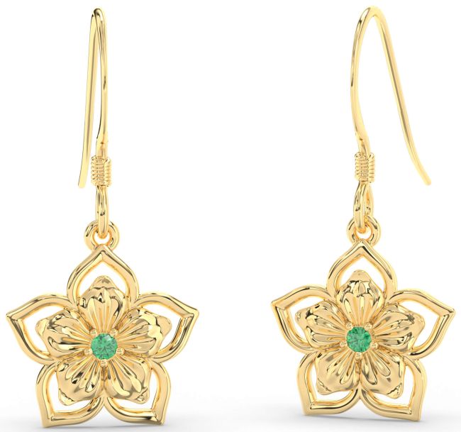 Emerald Gold Silver Flower Dangle Earrings