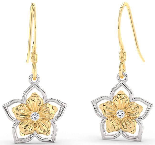 Diamond White Yellow Gold Flower Dangle Earrings
