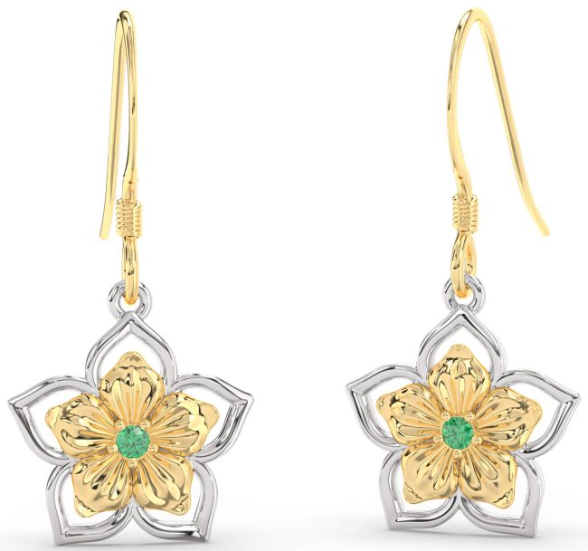 Emerald White Yellow Gold Flower Dangle Earrings