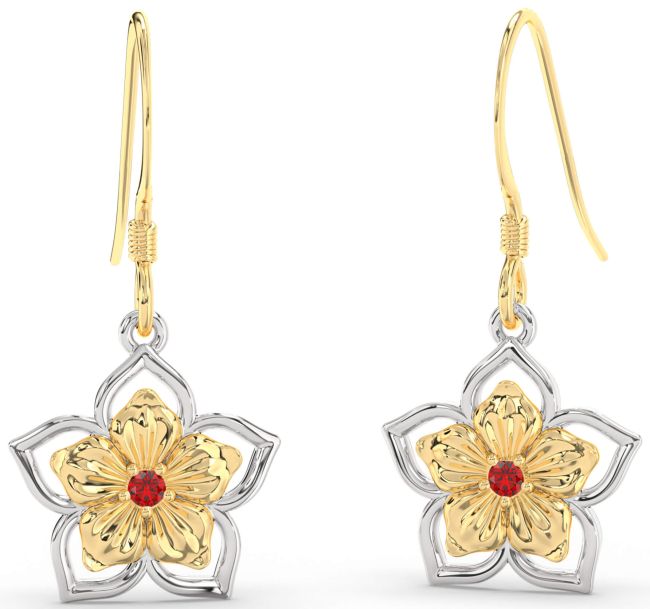 Ruby White Yellow Gold Flower Dangle Earrings