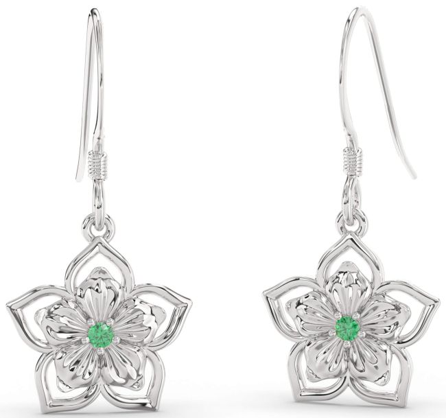 Emerald Platinum Flower Dangle Earrings