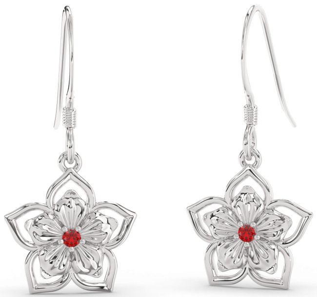 Ruby Silver Flower Dangle Earrings