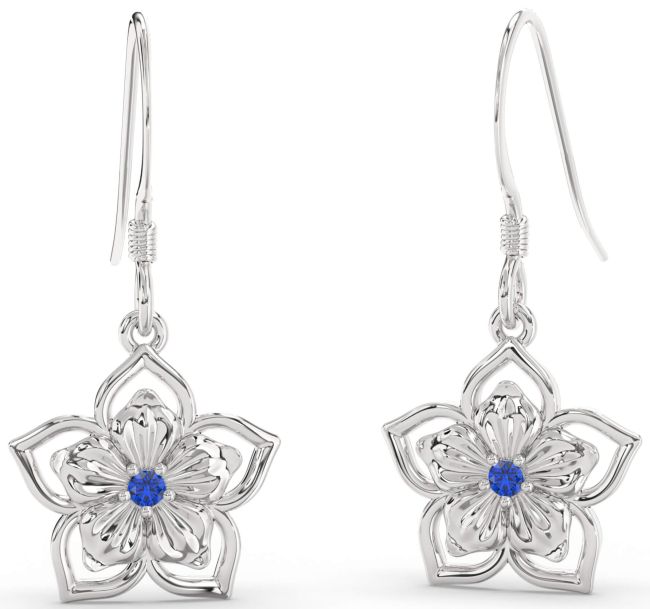 Blue Sapphire Silver Flower Dangle Earrings