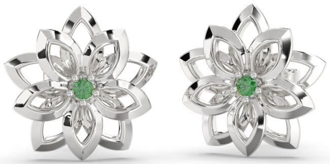 Emerald White Gold Flower Stud Earrings