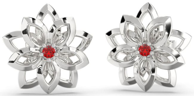 Ruby Silver Flower Stud Earrings