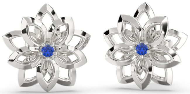 Blue Sapphire Silver Flower Stud Earrings