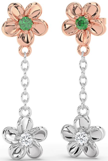 Emerald Rose Gold Silver Flower Dangle Earrings