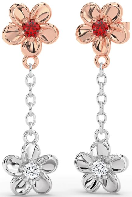 Ruby Silver & 10K Rose Gold Flower Dangle Earrings
