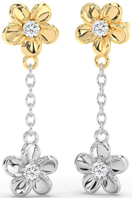 Diamond White Yellow Gold Flower Dangle Earrings