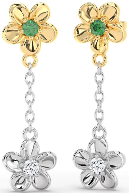 Emerald White Yellow Gold Flower Dangle Earrings