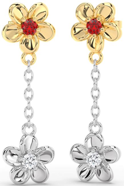 Ruby White Yellow Gold Flower Dangle Earrings